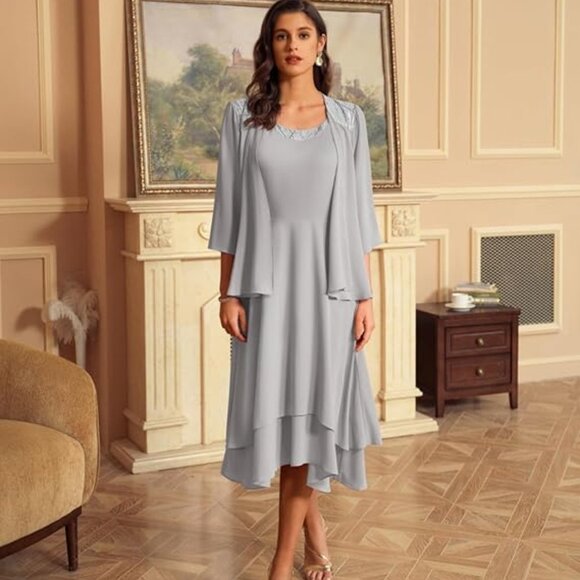 NWT Grace Karin Sequin Detail Layered Chiffon Jacket Dress Set Silver Gray 12 - Picture 1 of 16